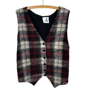 JK America Vintage Red Black White Mohair Plaid Vest Size 14/16